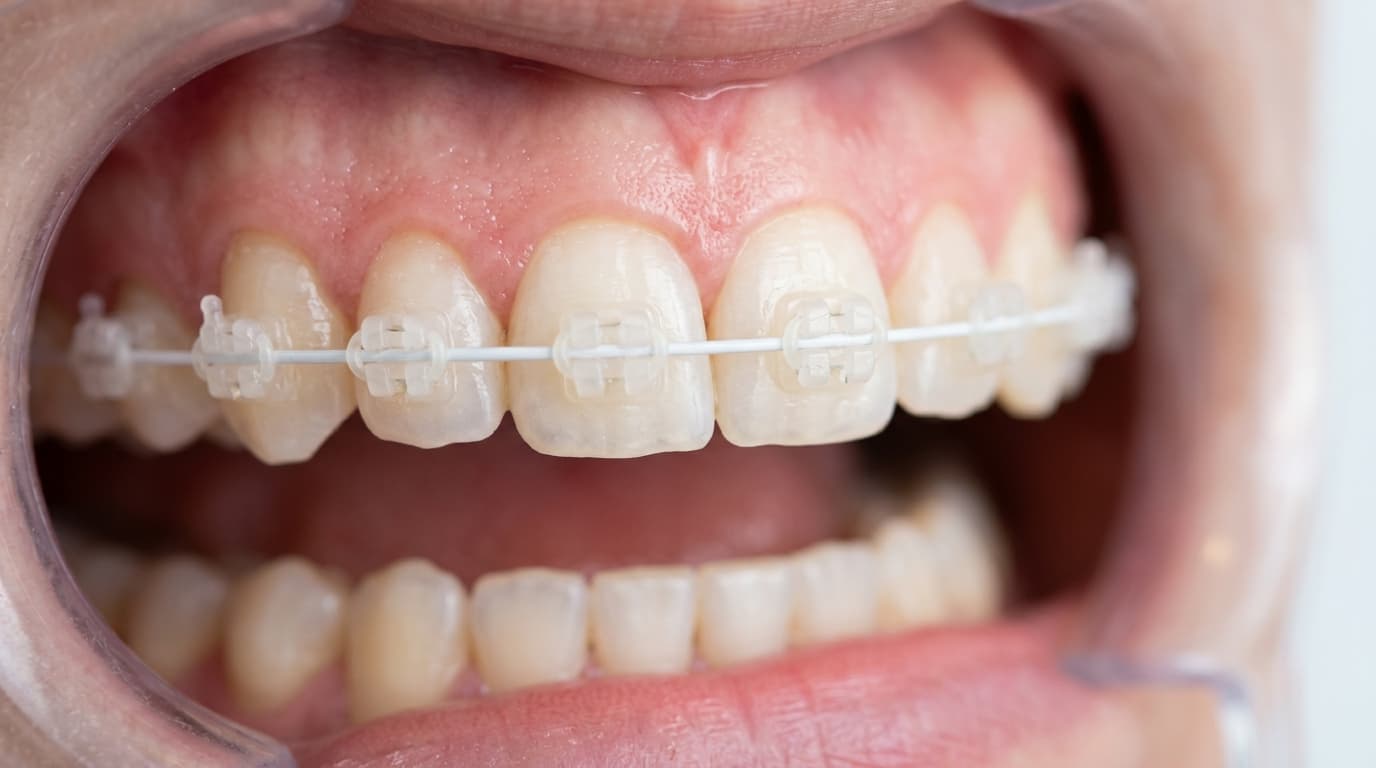 Macro photograph of tooth-colored ceramic orthodontic brackets on upper teeth