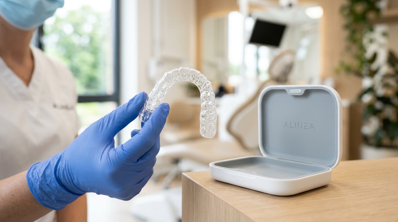Transparent orthodontic clear aligner tray held beside its sleek protective storage case