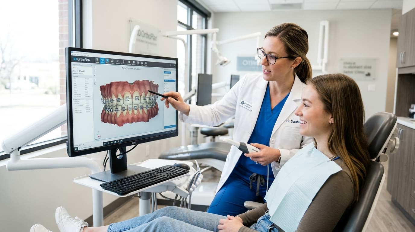 Orthodontist reviewing a 3D digital scan of teeth on a medical monitor with a patient
