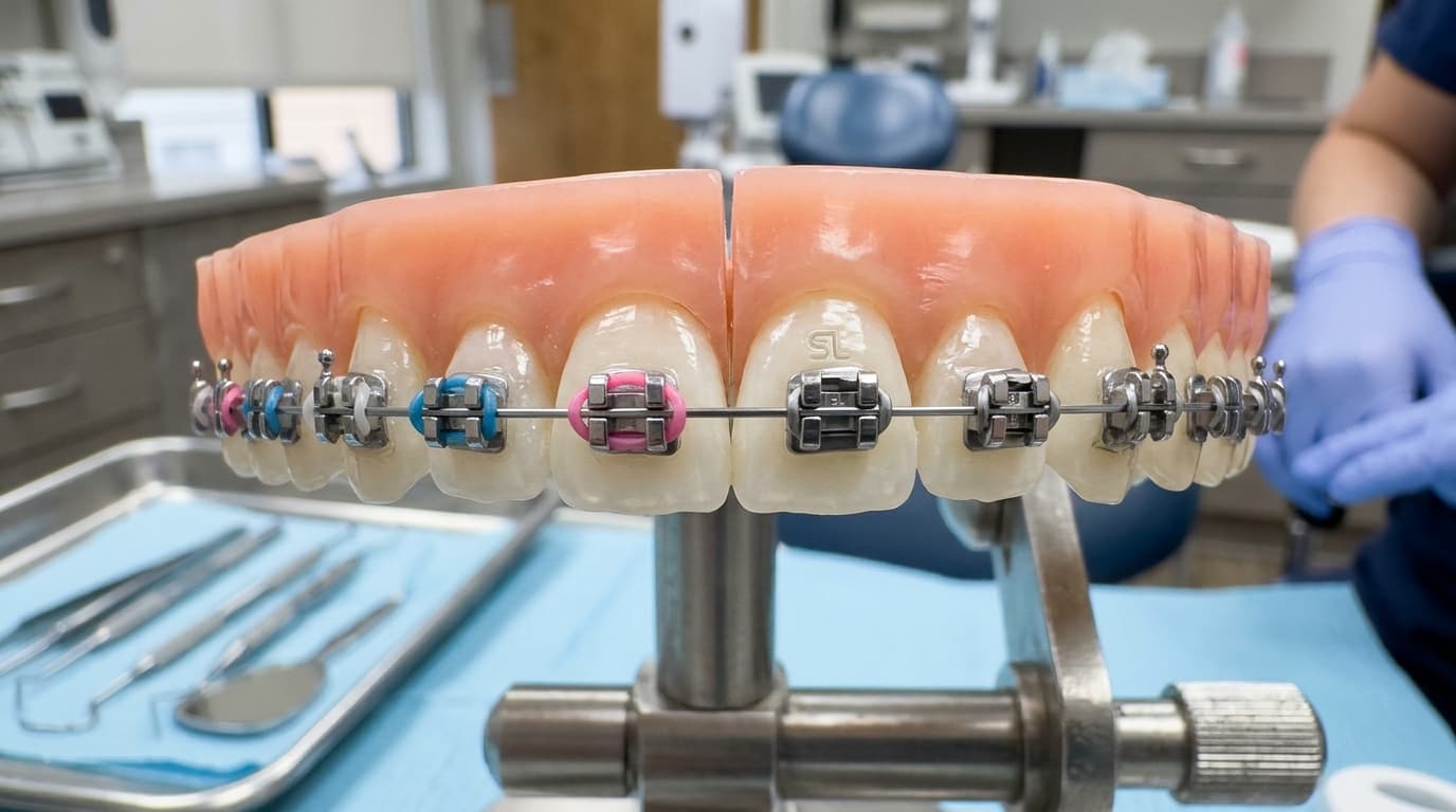 Detailed macro clinical comparison of traditional orthodontic brackets with elastic ligatures beside self-ligating brackets with sliding clips